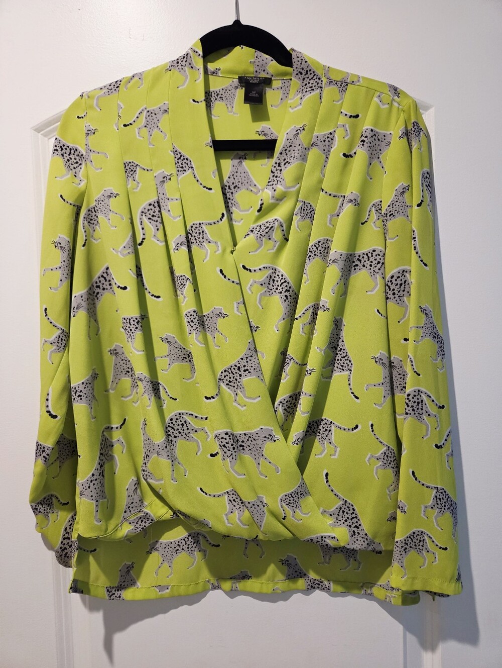 Ann Taylor Factory Lime Green Cheetah Print Wrap Blouse
